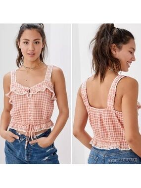 Pink Gingham Ruffle Trim Top